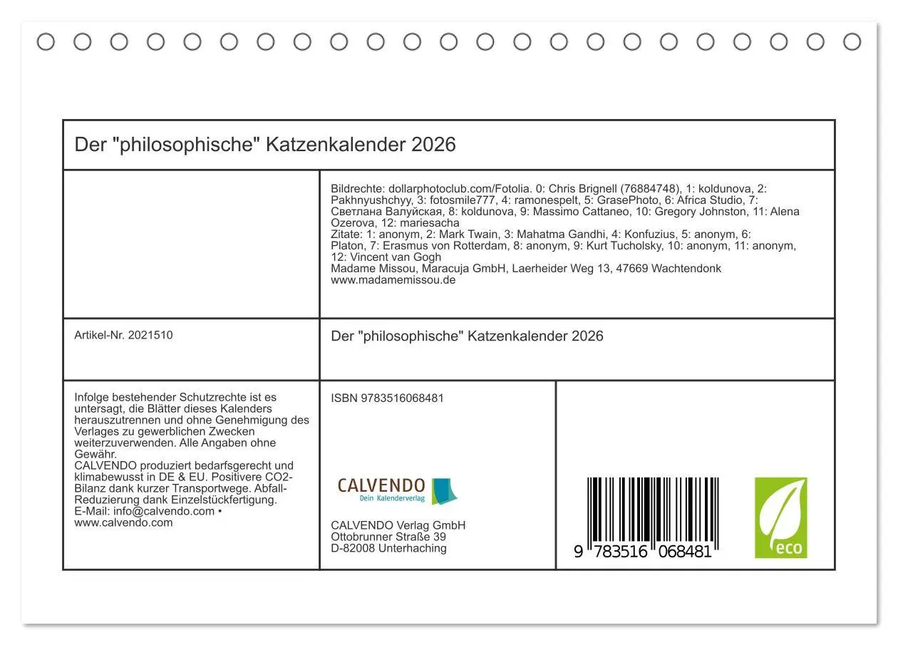Bild: 9783516068481 | Der "philosophische" Katzenkalender 2026 (Tischkalender 2026 DIN A5...