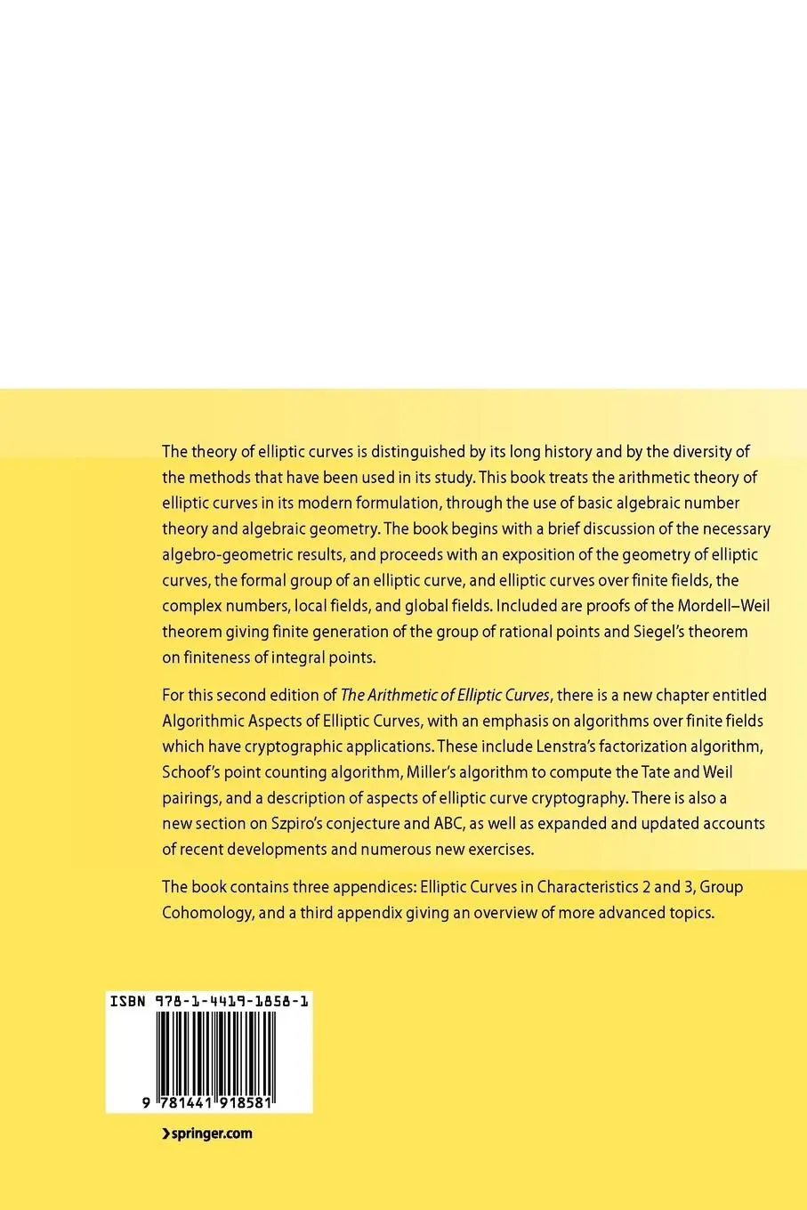 Rückseite: 9781441918581 | The Arithmetic of Elliptic Curves | Joseph H. Silverman | Taschenbuch