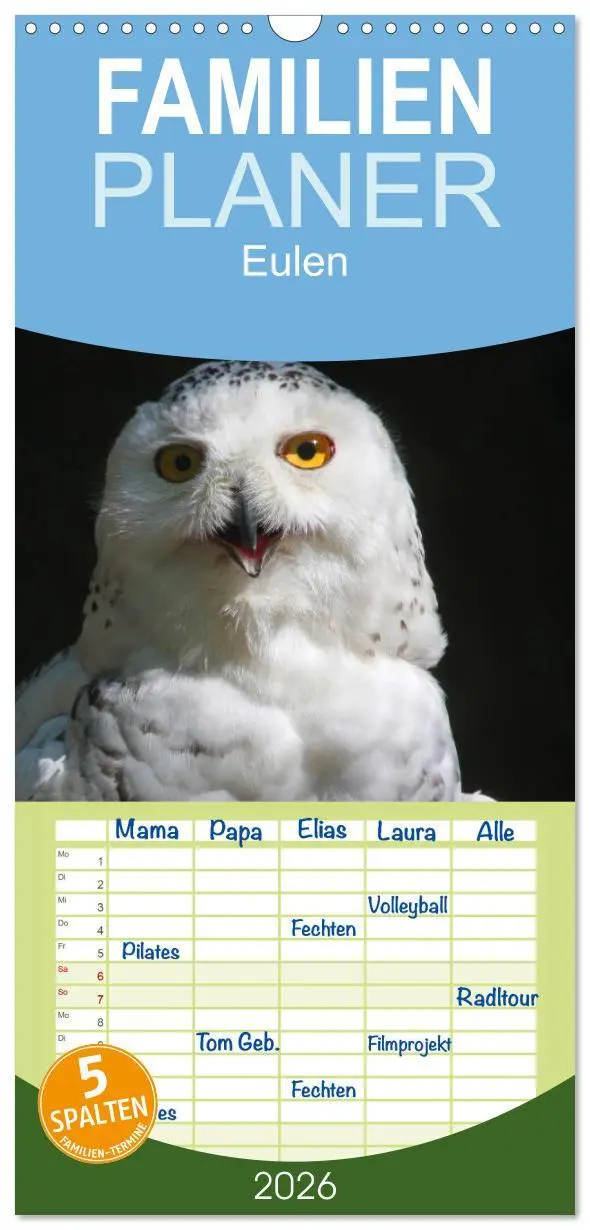 Cover: 9783516519181 | Familienplaner 2026 - Eulen mit 5 Spalten (Wandkalender, 21 x 45...