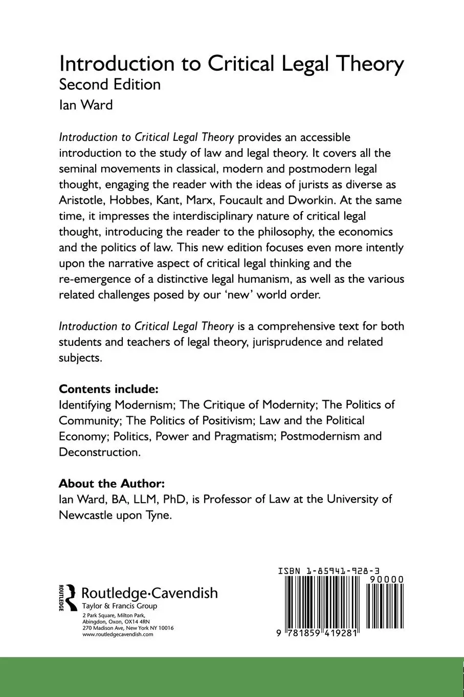 Rückseite: 9781859419281 | Introduction to Critical Legal Theory | Ian Ward | Taschenbuch | 2004