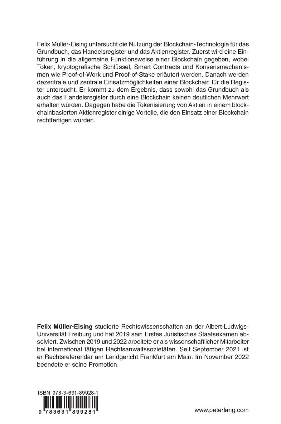 Rückseite: 9783631899281 | Blockchain im Registerrecht | Felix Müller-Eising | Buch | Deutsch