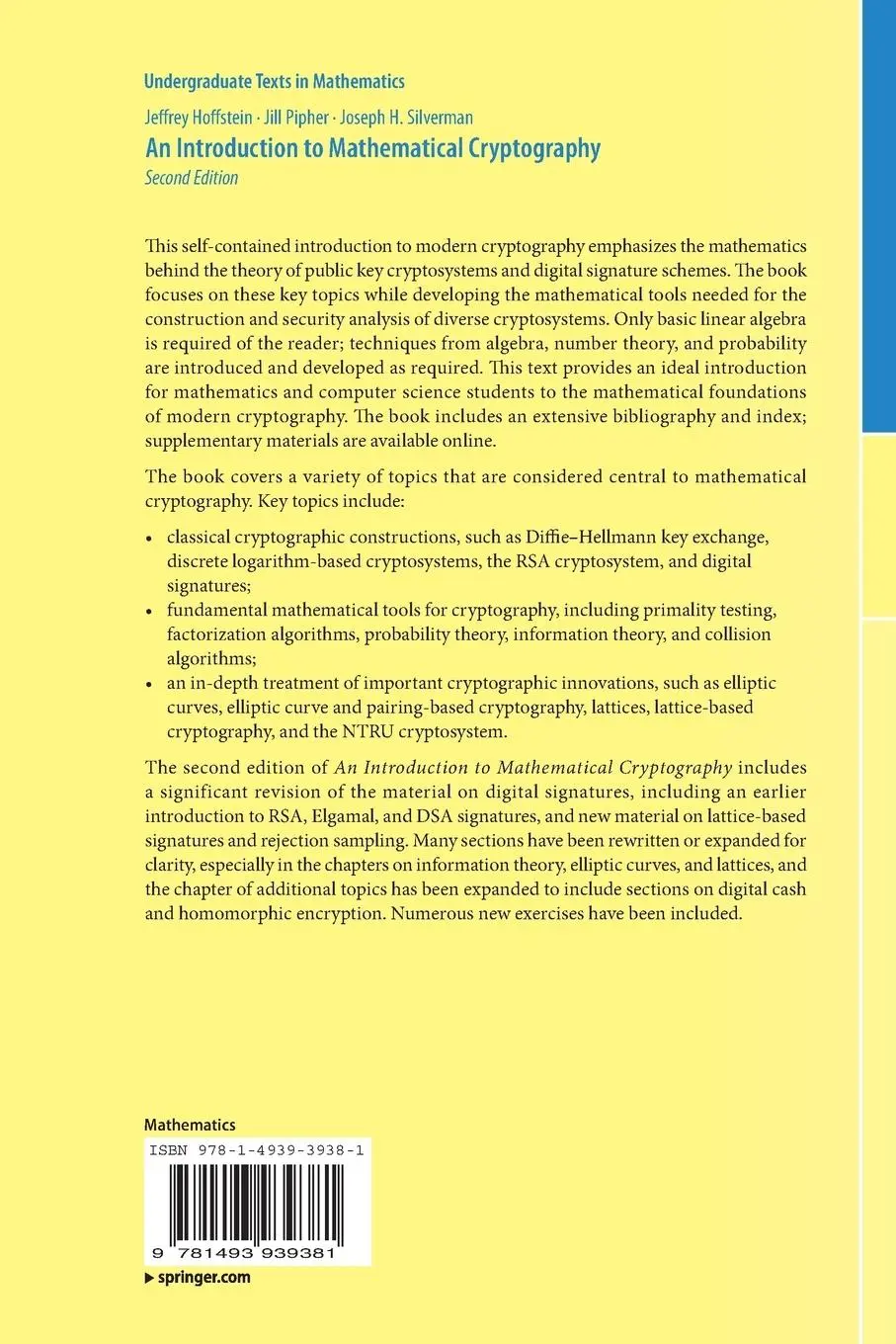 Rückseite: 9781493939381 | An Introduction to Mathematical Cryptography | Hoffstein (u. a.)