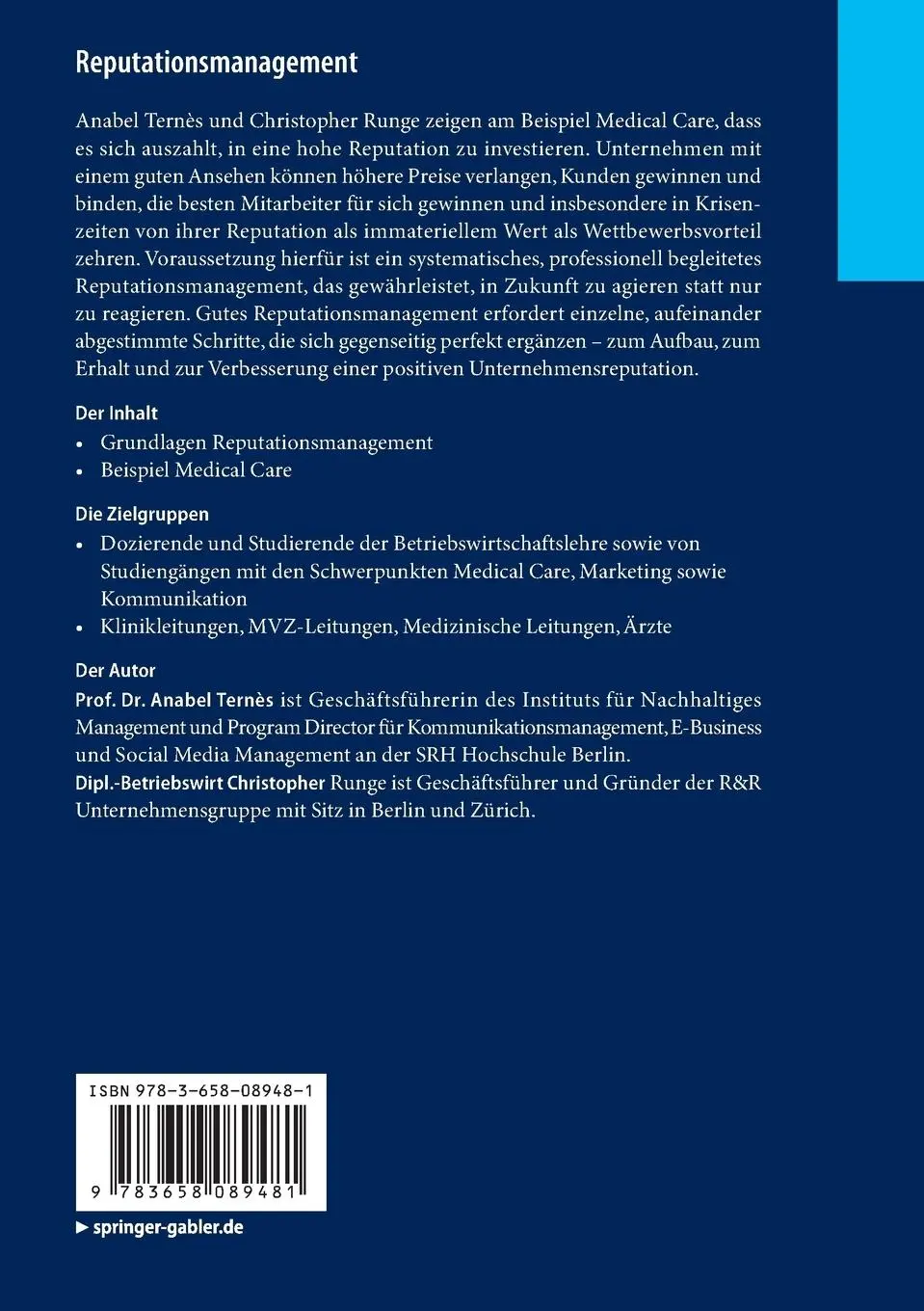 Rückseite: 9783658089481 | Reputationsmanagement | Medical Care | Anabel Ternès (u. a.) | Buch