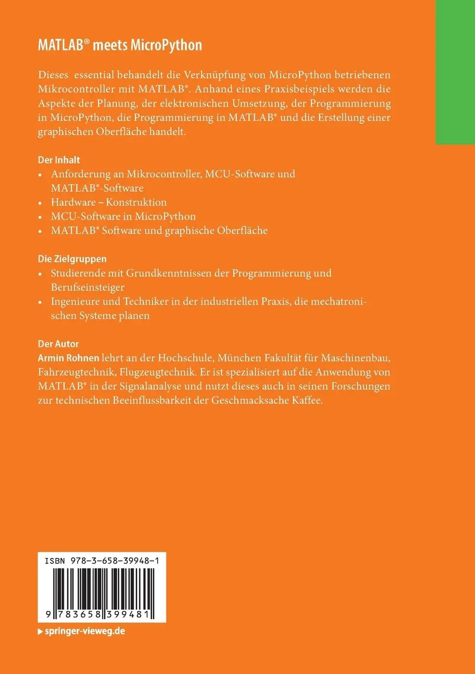 Rückseite: 9783658399481 | MATLAB® meets MicroPython | Mit MATLAB® Mikrocontroller nutzen | Buch
