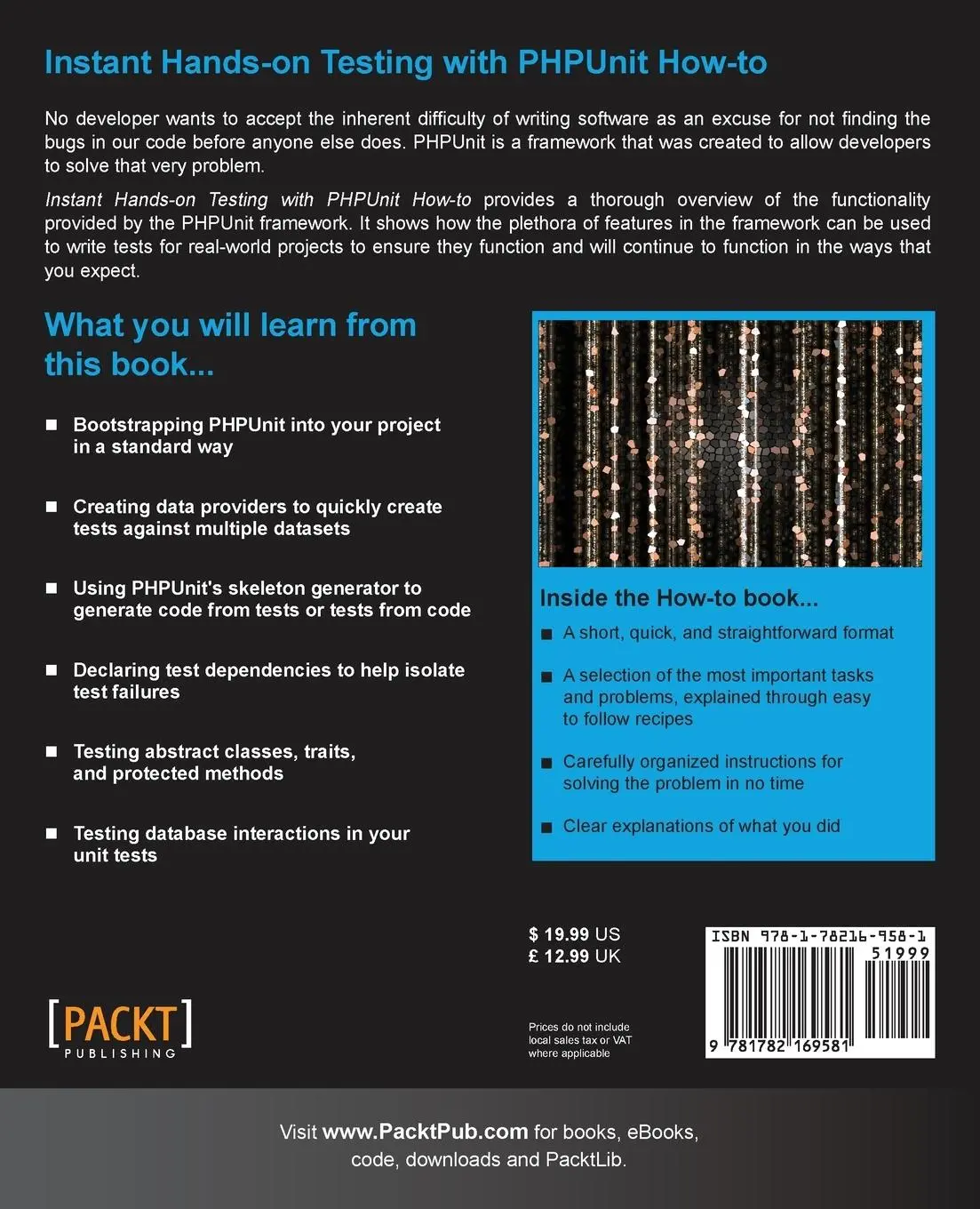 Rückseite: 9781782169581 | Instant Hands-on Testing with PHPUnit How-to | Mike Lively | Buch