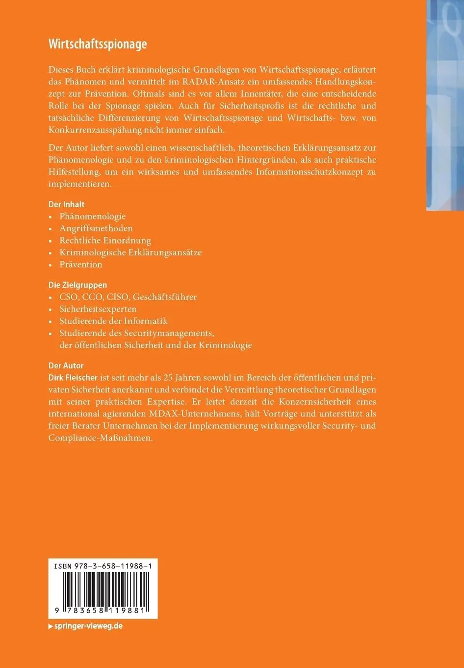 Rückseite: 9783658119881 | Wirtschaftsspionage | Dirk Fleischer | Taschenbuch | Deutsch | 2016