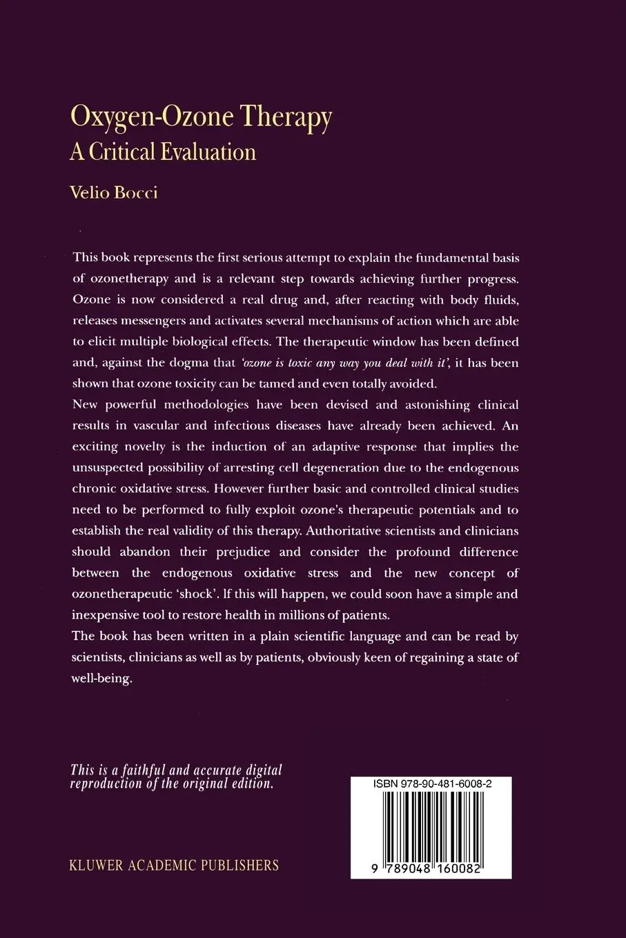 Rückseite: 9789048160082 | Oxygen-Ozone Therapy | A Critical Evaluation | V. Bocci | Taschenbuch