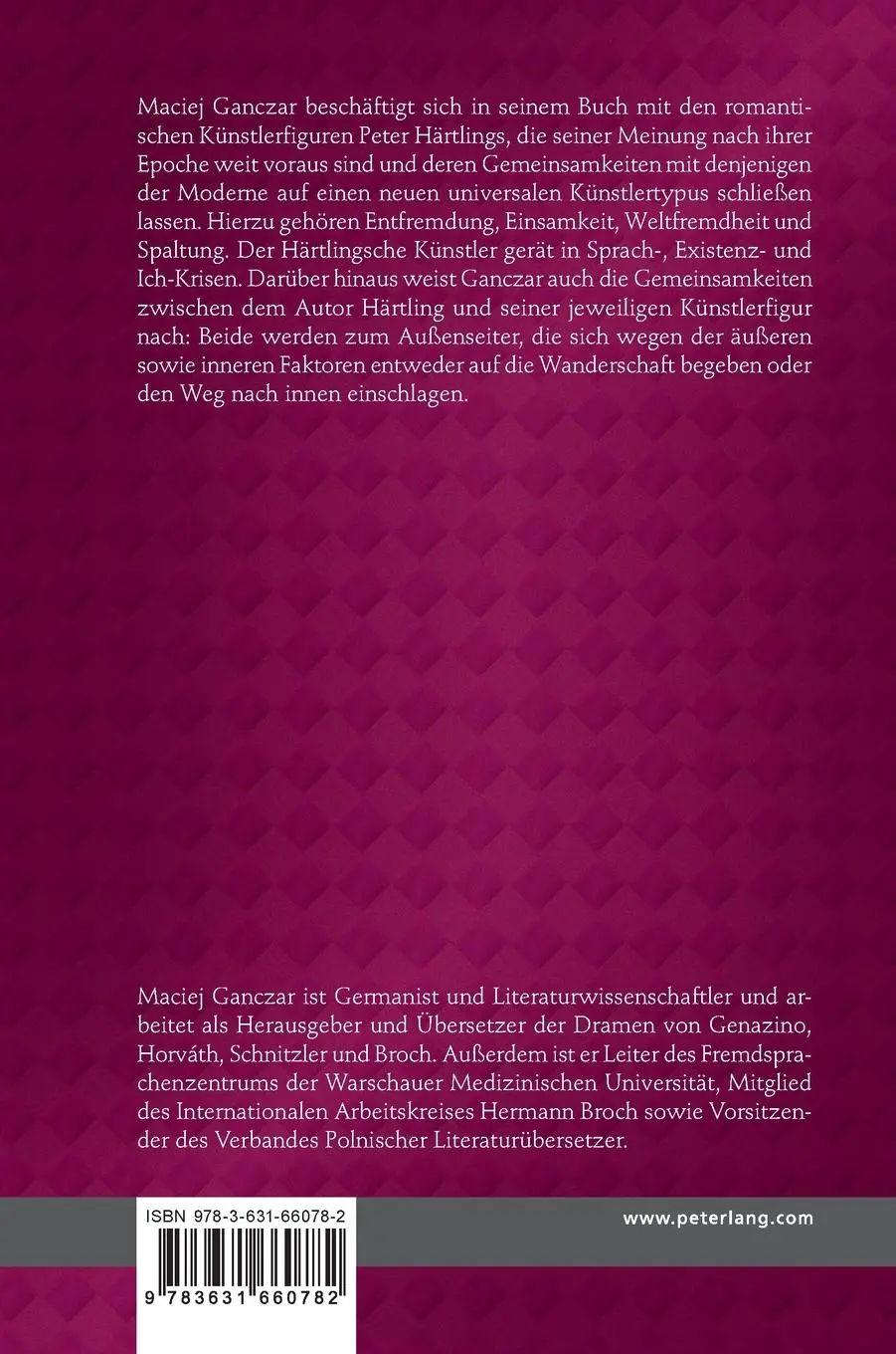 Rückseite: 9783631660782 | Romantische Künstlerfiguren in der Prosa von Peter Härtling | Ganczar