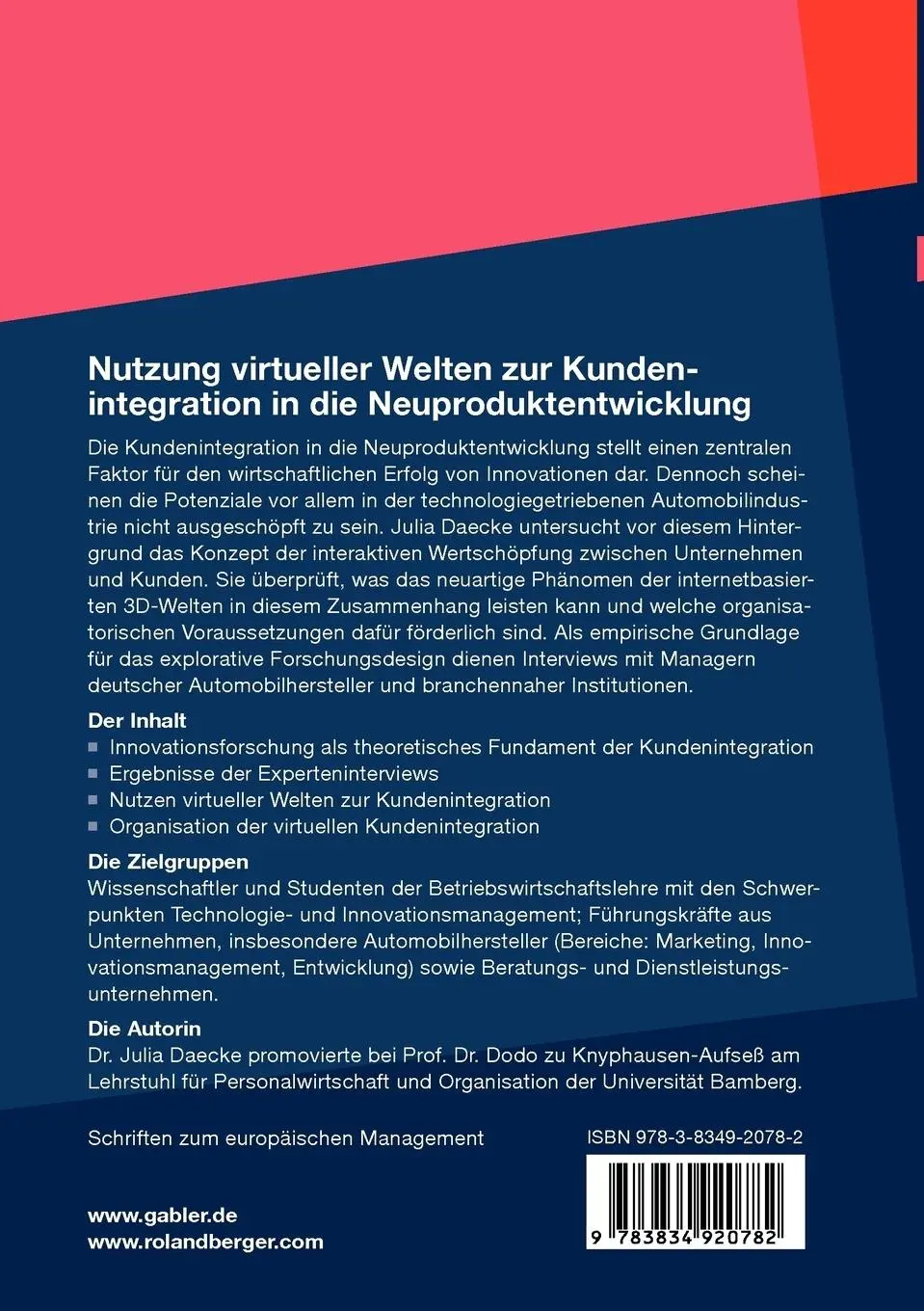 Rückseite: 9783834920782 | Nutzung virtueller Welten zur Kundenintegration in die...