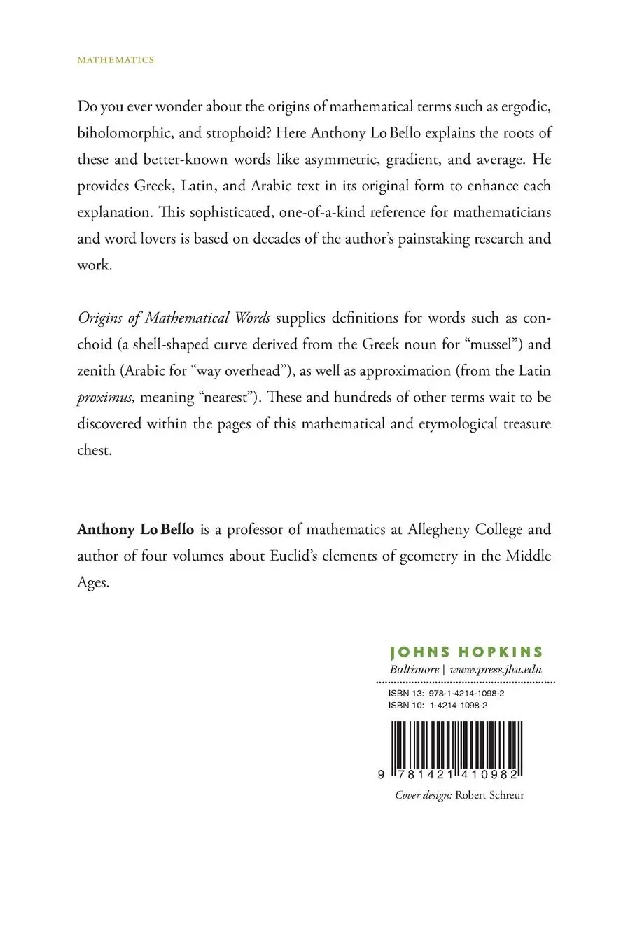 Rückseite: 9781421410982 | Origins of Mathematical Words | Anthony Lo Bello | Taschenbuch | 2013