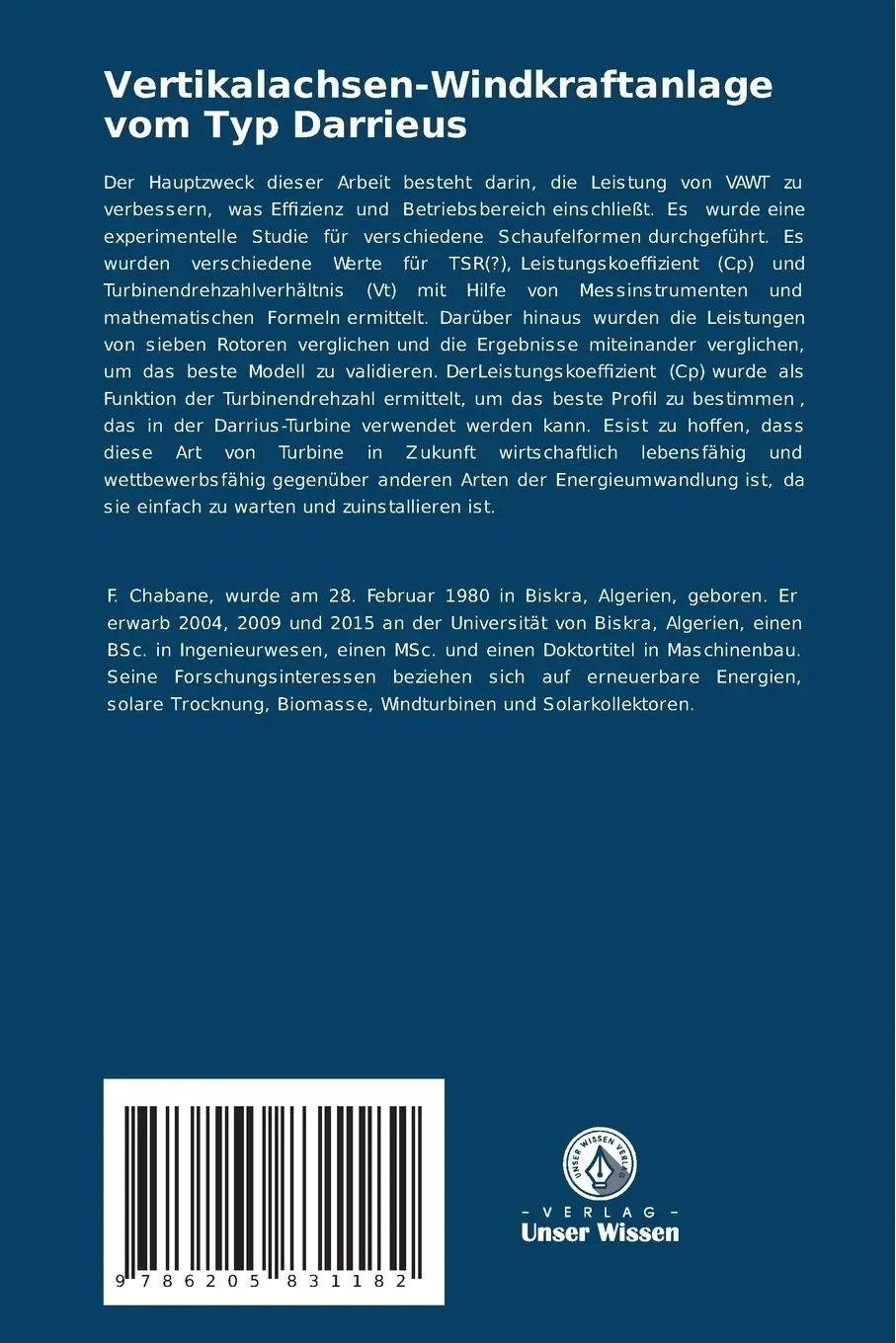 Rückseite: 9786205831182 | Vertikalachsen-Windkraftanlage vom Typ Darrieus | Chabane (u. a.)