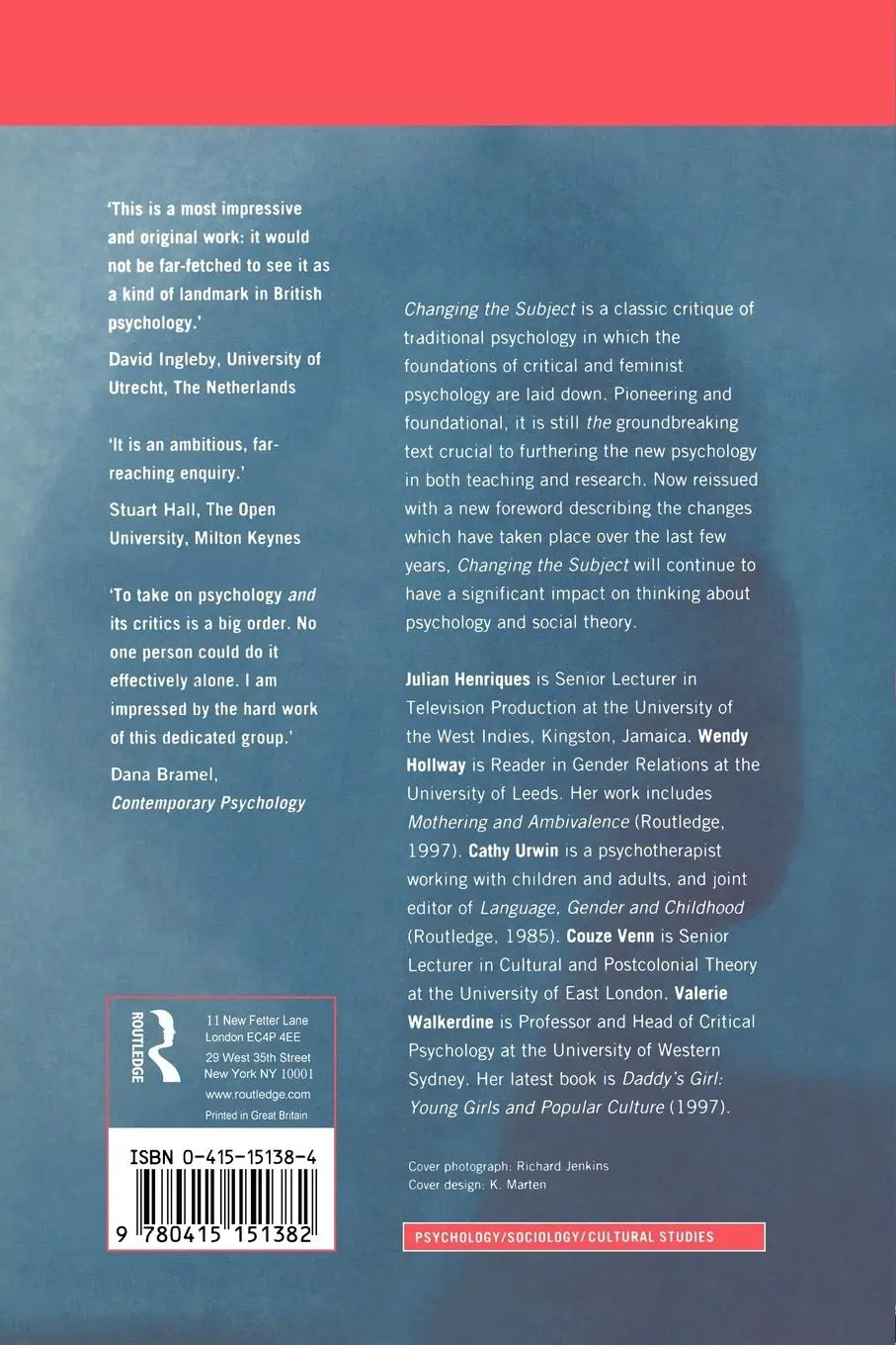 Rückseite: 9780415151382 | Changing the Subject | Psychology, Social Regulation and Subjectivity