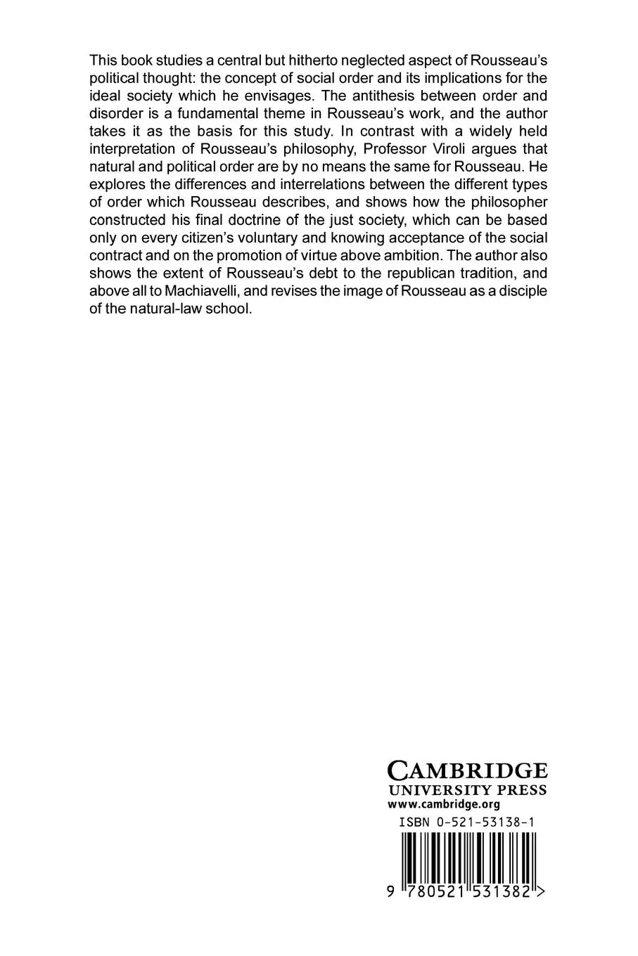 Rückseite: 9780521531382 | Jean-Jacques Rousseau and the 'Well-Ordered Society' | Viroli (u. a.)