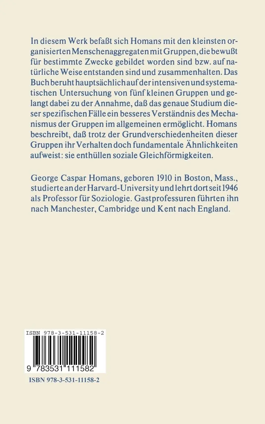 Rückseite: 9783531111582 | Theorie der sozialen Gruppe | George Caspar Homans | Taschenbuch