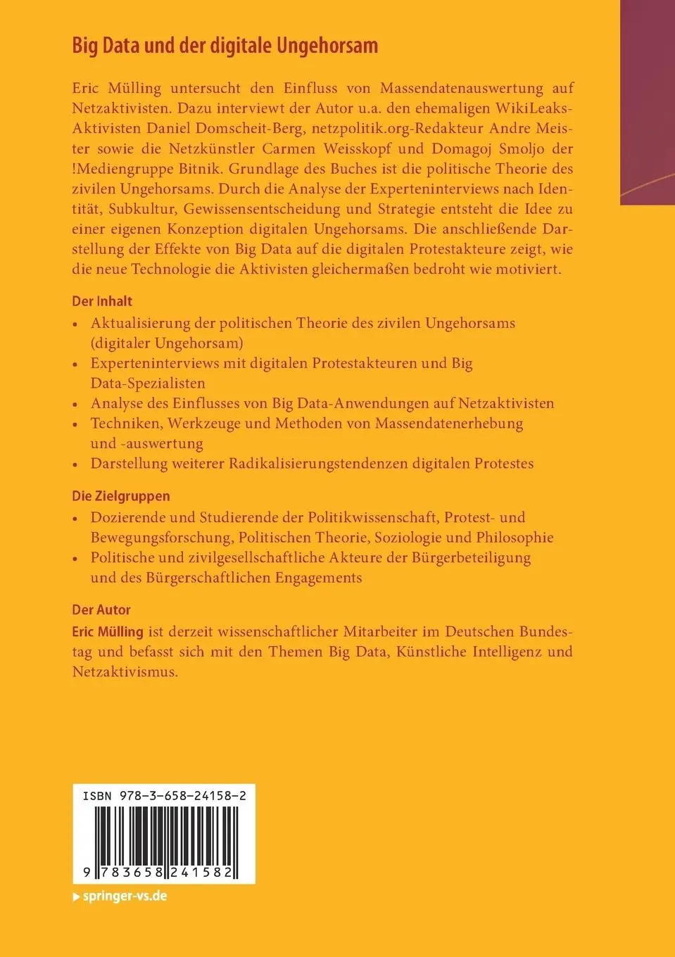 Rückseite: 9783658241582 | Big Data und der digitale Ungehorsam | Eric Mülling | Taschenbuch