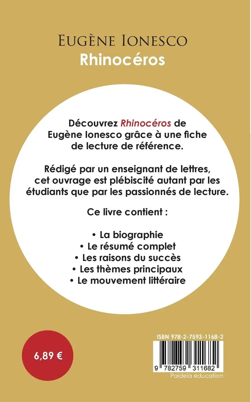 Rückseite: 9782759311682 | Fiche de lecture Rhinocéros (Étude intégrale) | Eugène Ionesco | Buch