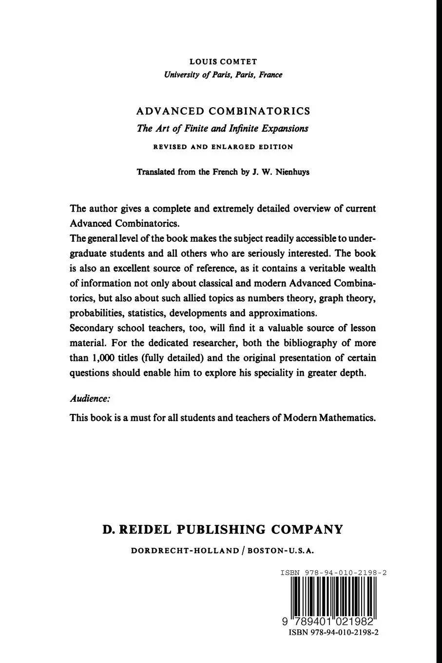 Rückseite: 9789401021982 | Advanced Combinatorics | The Art of Finite and Infinite Expansions
