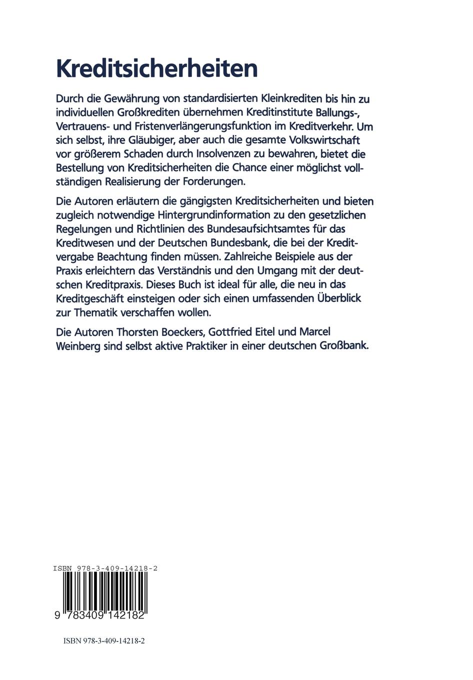 Rückseite: 9783409142182 | Kreditsicherheiten | Grundlagen und Praxisbeispiele | Boeckers (u. a.)