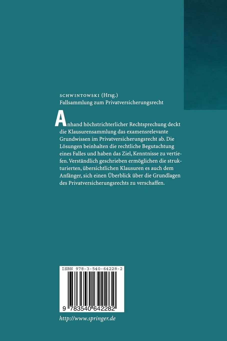 Rückseite: 9783540642282 | Fallsammlung zum Privatversicherungsrecht | Hans-Peter Schwintowski
