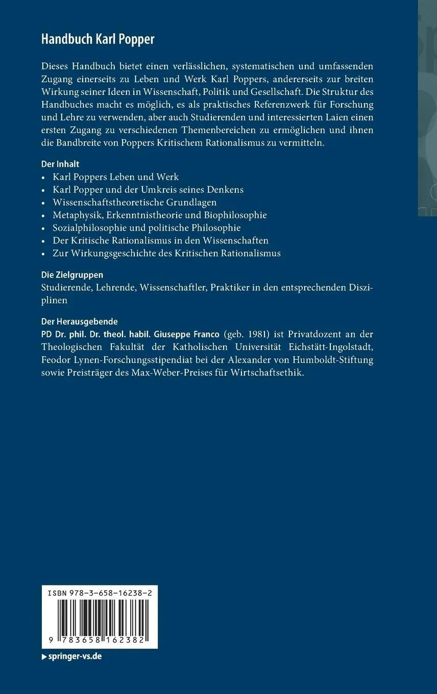 Rückseite: 9783658162382 | Handbuch Karl Popper | Giuseppe Franco | Buch | xv | Deutsch | 2019