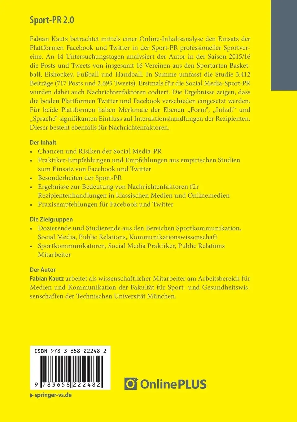 Rückseite: 9783658222482 | Sport-PR 2.0 | Fabian Kautz | Taschenbuch | xxix | Deutsch | 2018