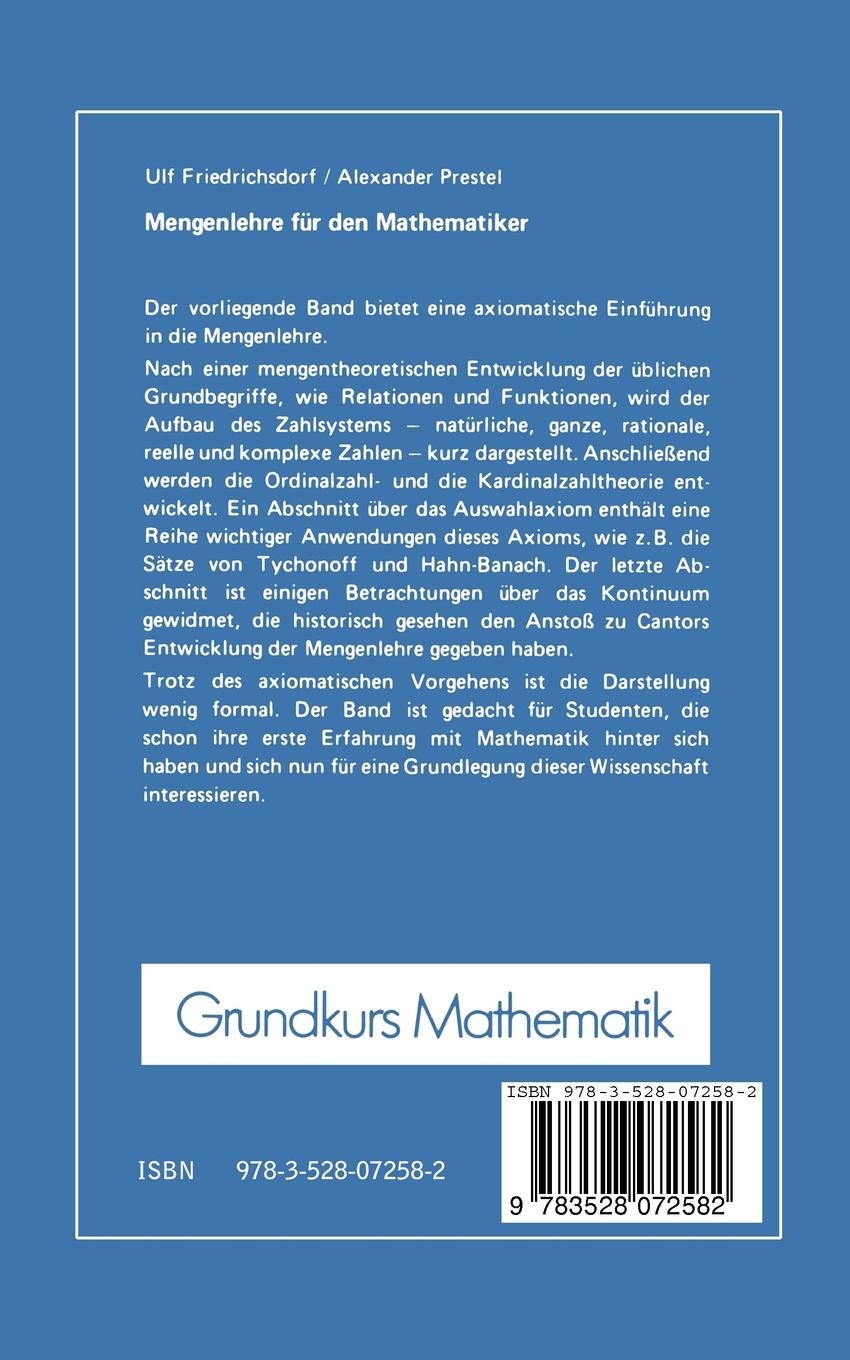Rückseite: 9783528072582 | Mengenlehre für den Mathematiker | Alexander Prestel (u. a.) | Buch