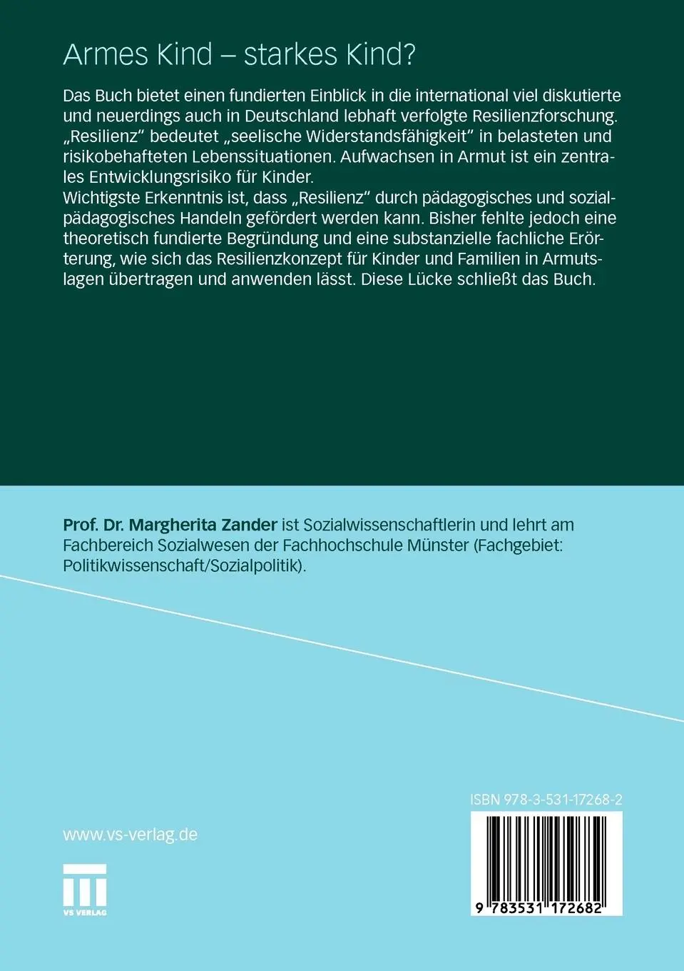 Rückseite: 9783531172682 | Armes Kind - starkes Kind? | Die Chance der Resilienz | Zander | Buch