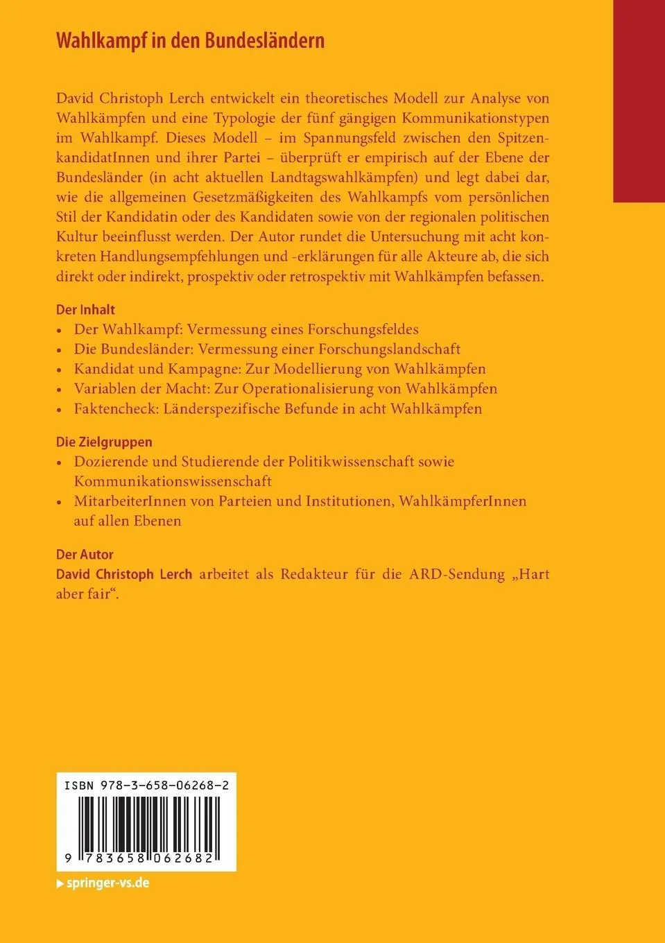 Rückseite: 9783658062682 | Wahlkampf in den Bundesländern | David Christoph Lerch | Taschenbuch