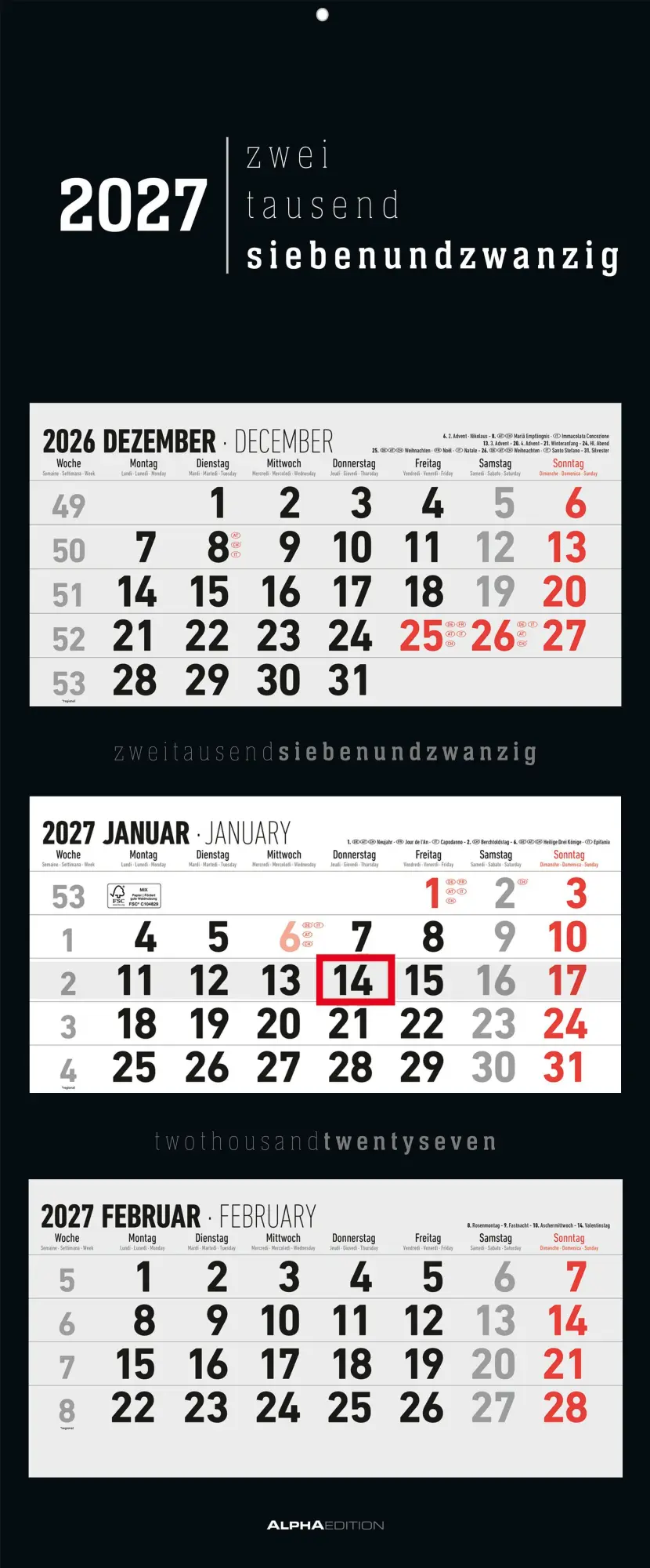 Cover: 4069095012882 | 3-Monatskalender Black 2027 | Neumann Verlage GmbH &amp; Co KG | Kalender