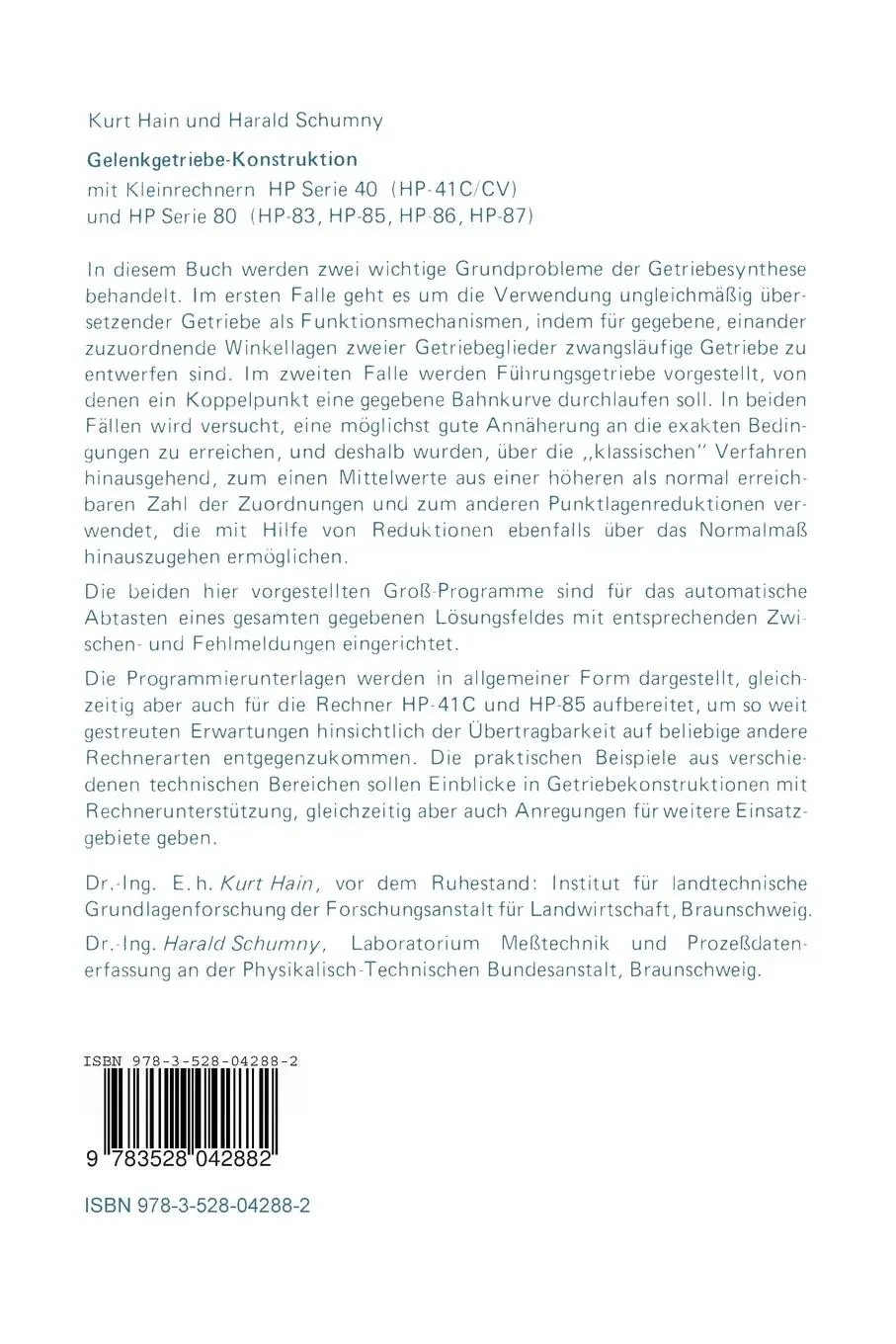 Rückseite: 9783528042882 | Gelenkgetriebe-Konstruktion | Kurt Hain | Taschenbuch | vii | Deutsch