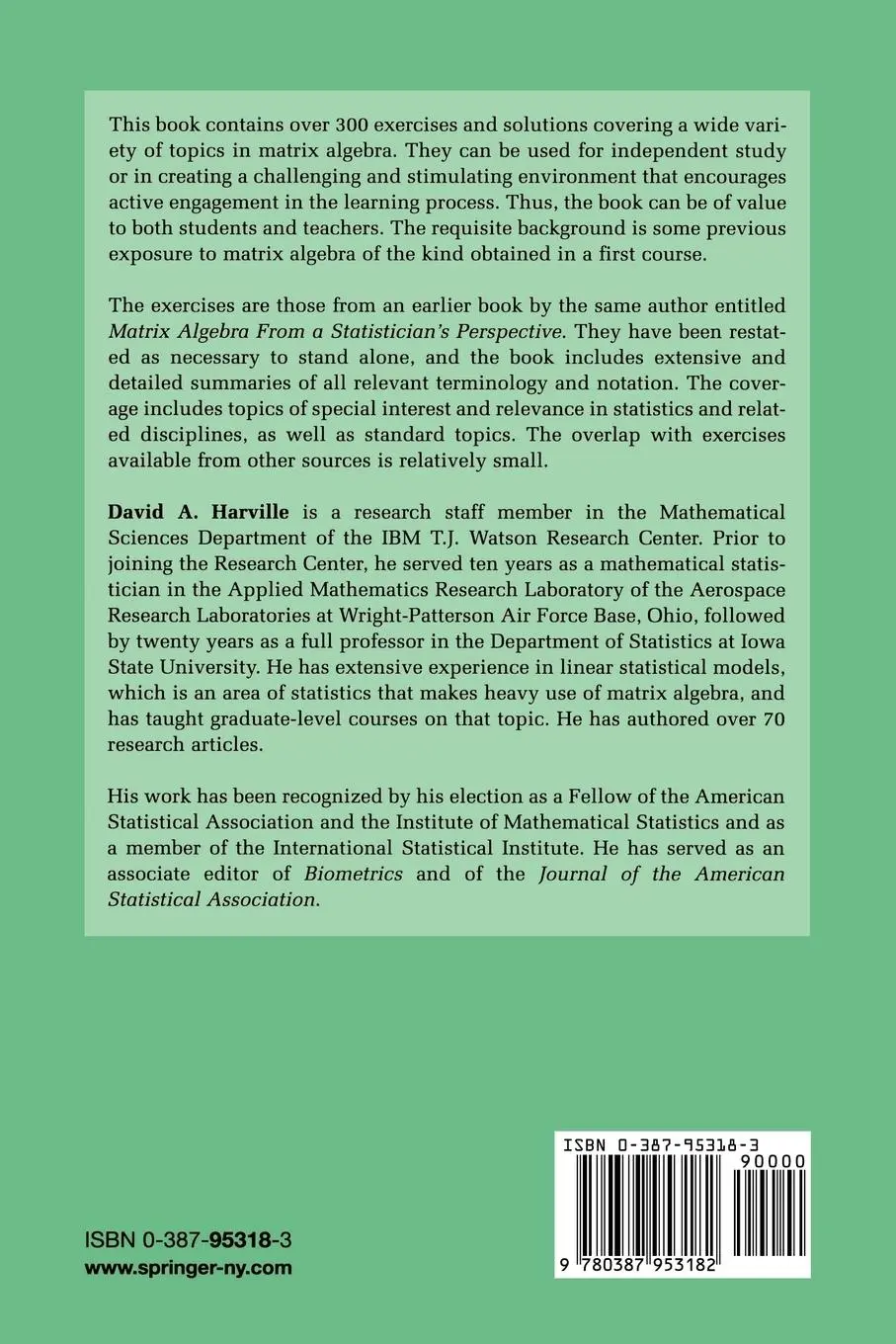 Rückseite: 9780387953182 | Matrix Algebra: Exercises and Solutions | David A. Harville | Buch