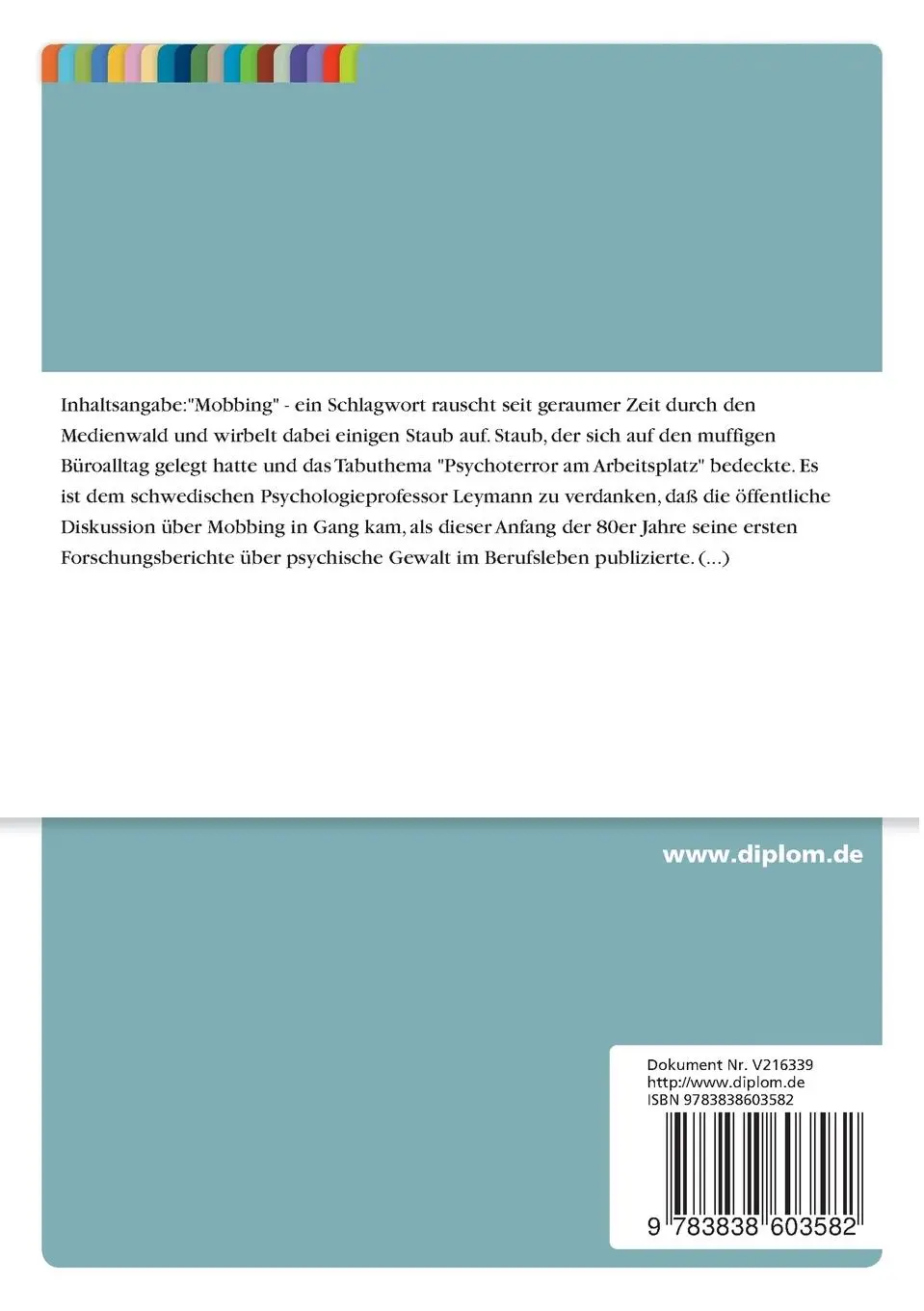 Rückseite: 9783838603582 | Mobbing - Psychoterror am Arbeitsplatz | Florentine Sellier | Buch