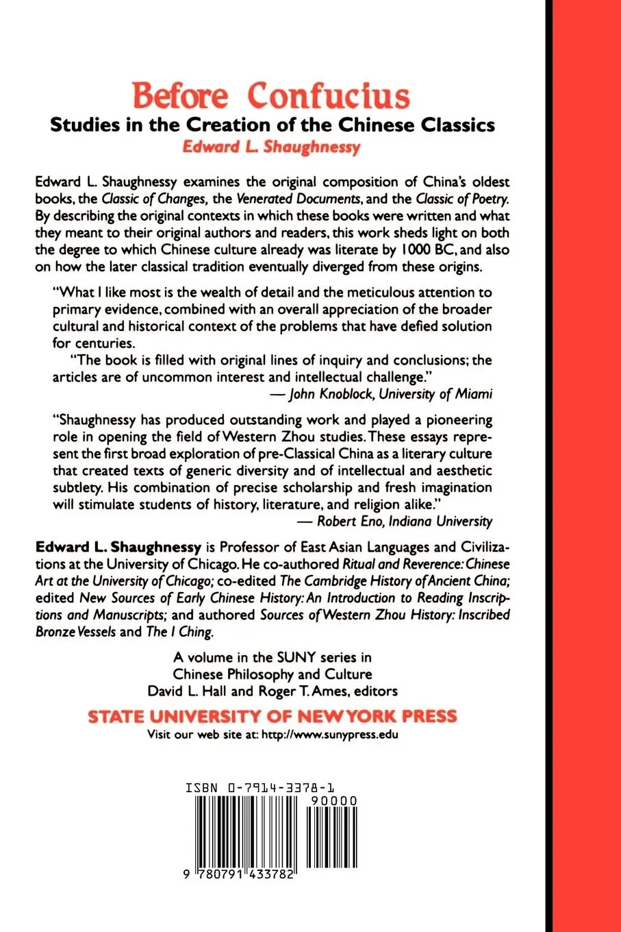 Rückseite: 9780791433782 | Before Confucius | Studies in the Creation of the Chinese Classics