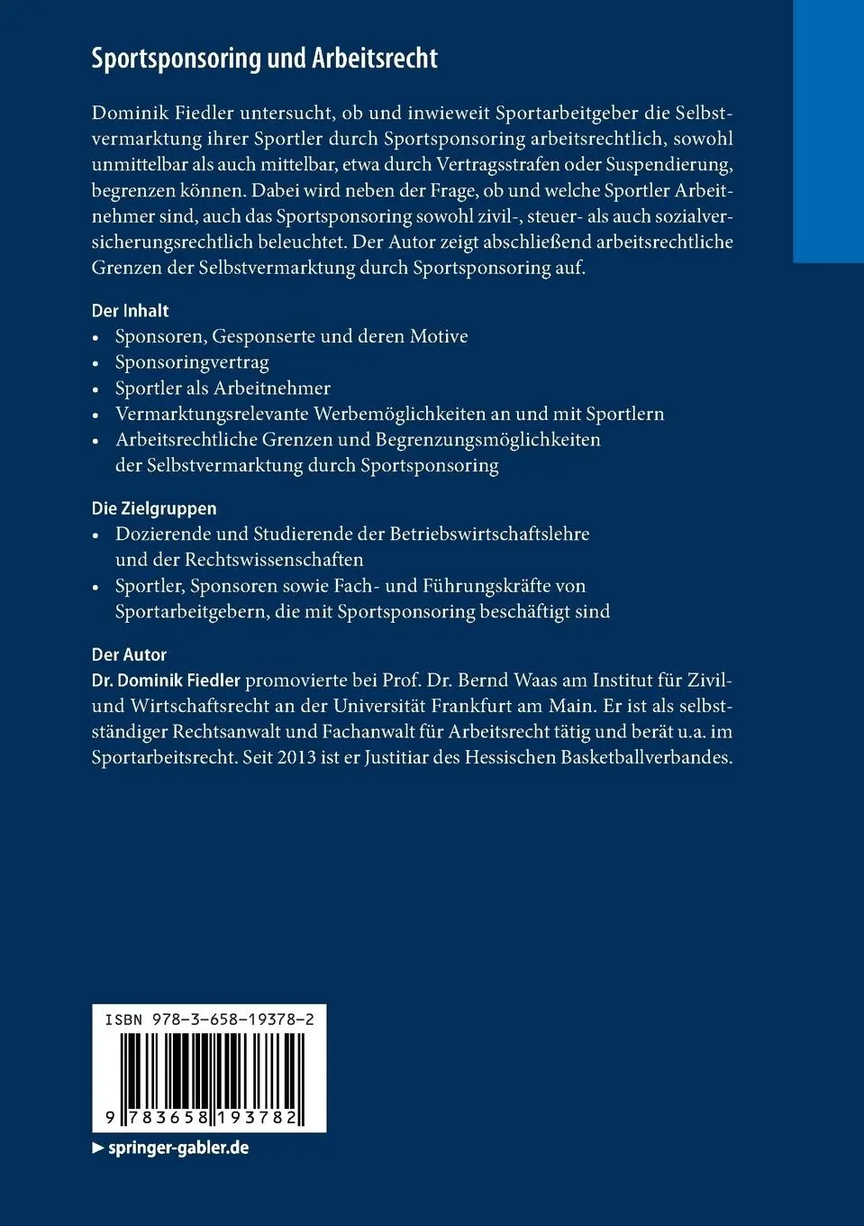 Rückseite: 9783658193782 | Sportsponsoring und Arbeitsrecht | Dominik Fiedler | Taschenbuch