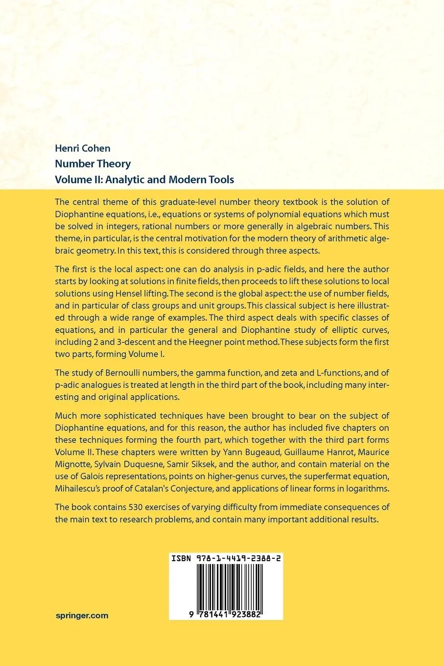 Rückseite: 9781441923882 | Number Theory | Volume II: Analytic and Modern Tools | Henri Cohen