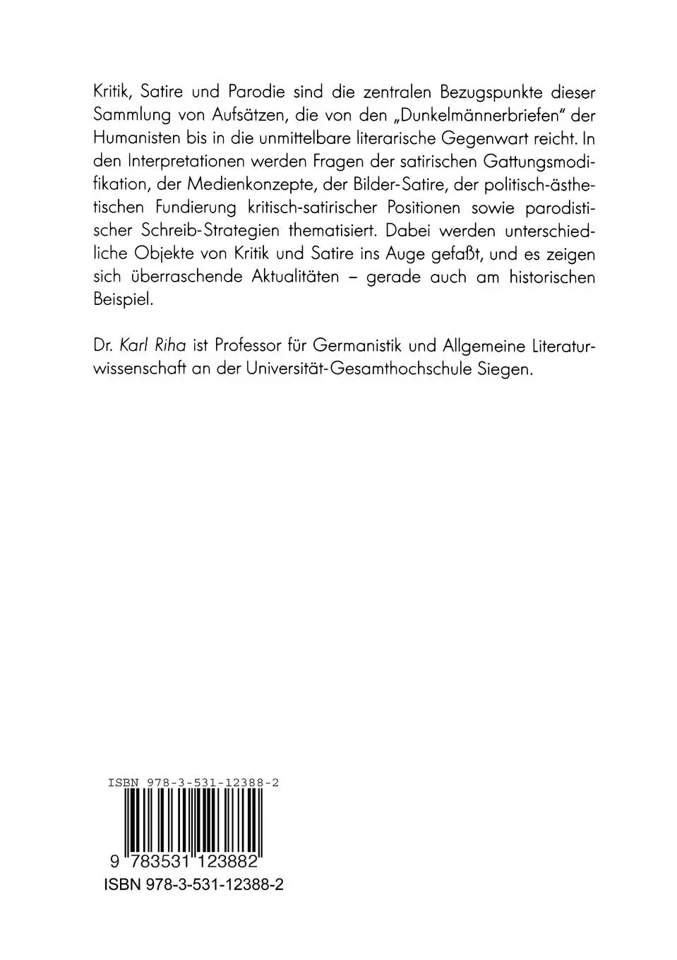Rückseite: 9783531123882 | Kritik, Satire, Parodie | Karl Riha | Taschenbuch | 256 S. | Deutsch