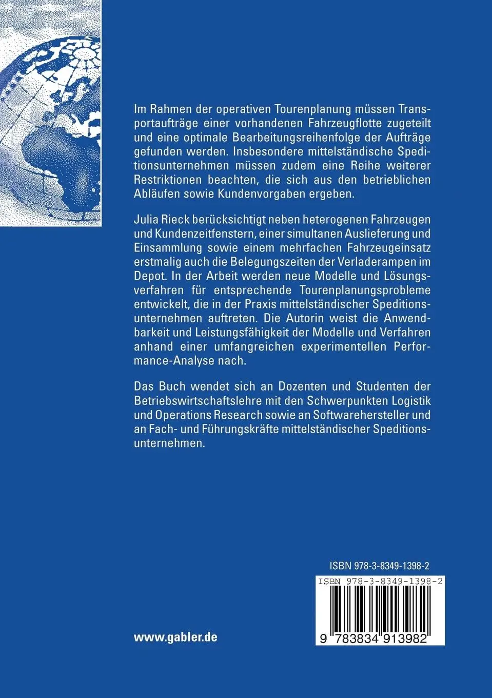 Rückseite: 9783834913982 | Tourenplanung mittelständischer Speditionsunternehmen | Julia Rieck