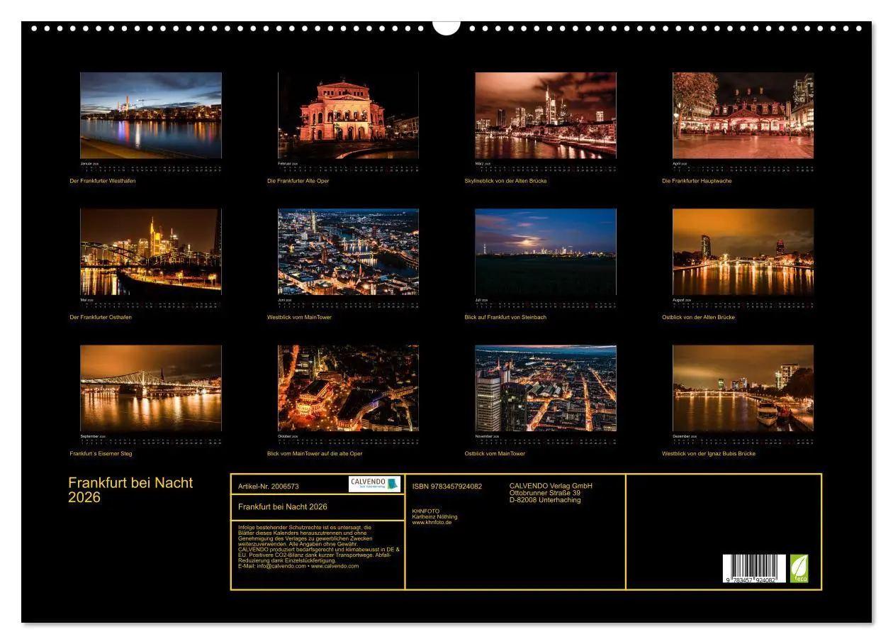Bild: 9783457924082 | Frankfurt bei Nacht 2026 (Wandkalender 2026 DIN A2 quer), CALVENDO...