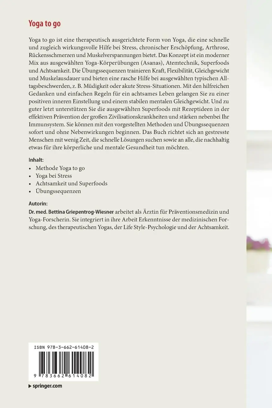 Rückseite: 9783662614082 | Yoga to go | Bettina Griepentrog-Wiesner | Taschenbuch | xi | Deutsch