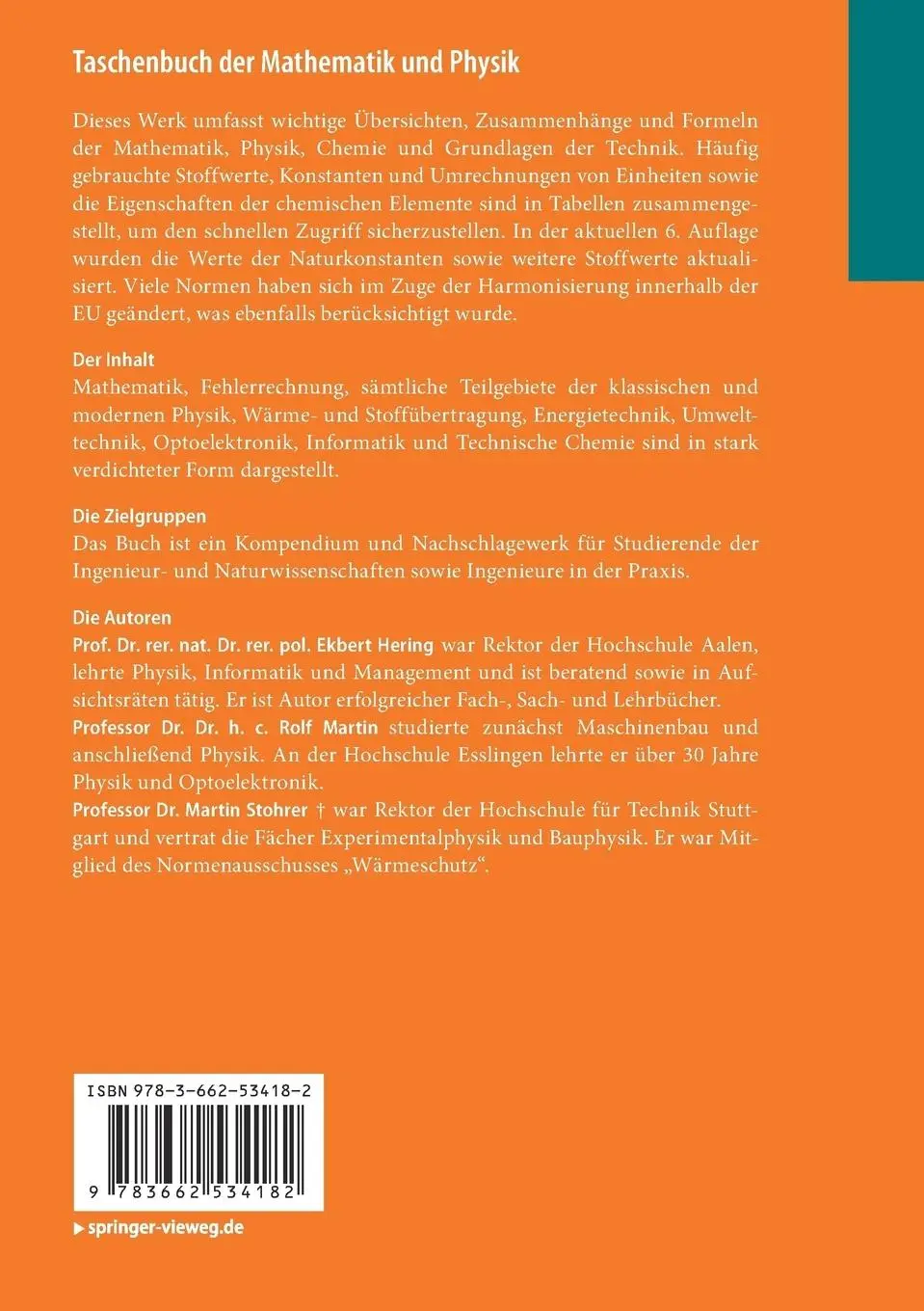 Rückseite: 9783662534182 | Taschenbuch der Mathematik und Physik | Rolf Martin (u. a.) | Buch