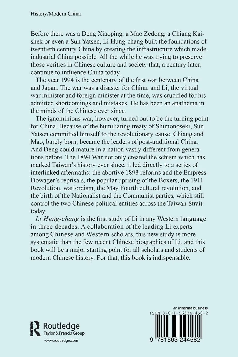 Rückseite: 9781563244582 | Liu Hung-Chang and China's Early Modernization | Samuel C. Chu (u. a.)