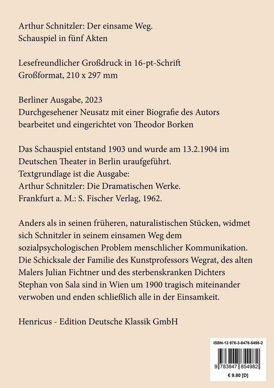 Rückseite: 9783847854982 | Der einsame Weg (Großdruck) | Schauspiel in fünf Akten | Schnitzler