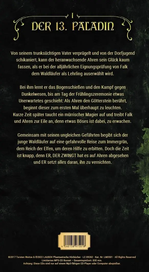 Rückseite: 9783989424982 | Ahren: Der 13. Paladin Band I | Torsten Weitze | Audio-CD | 1 S.