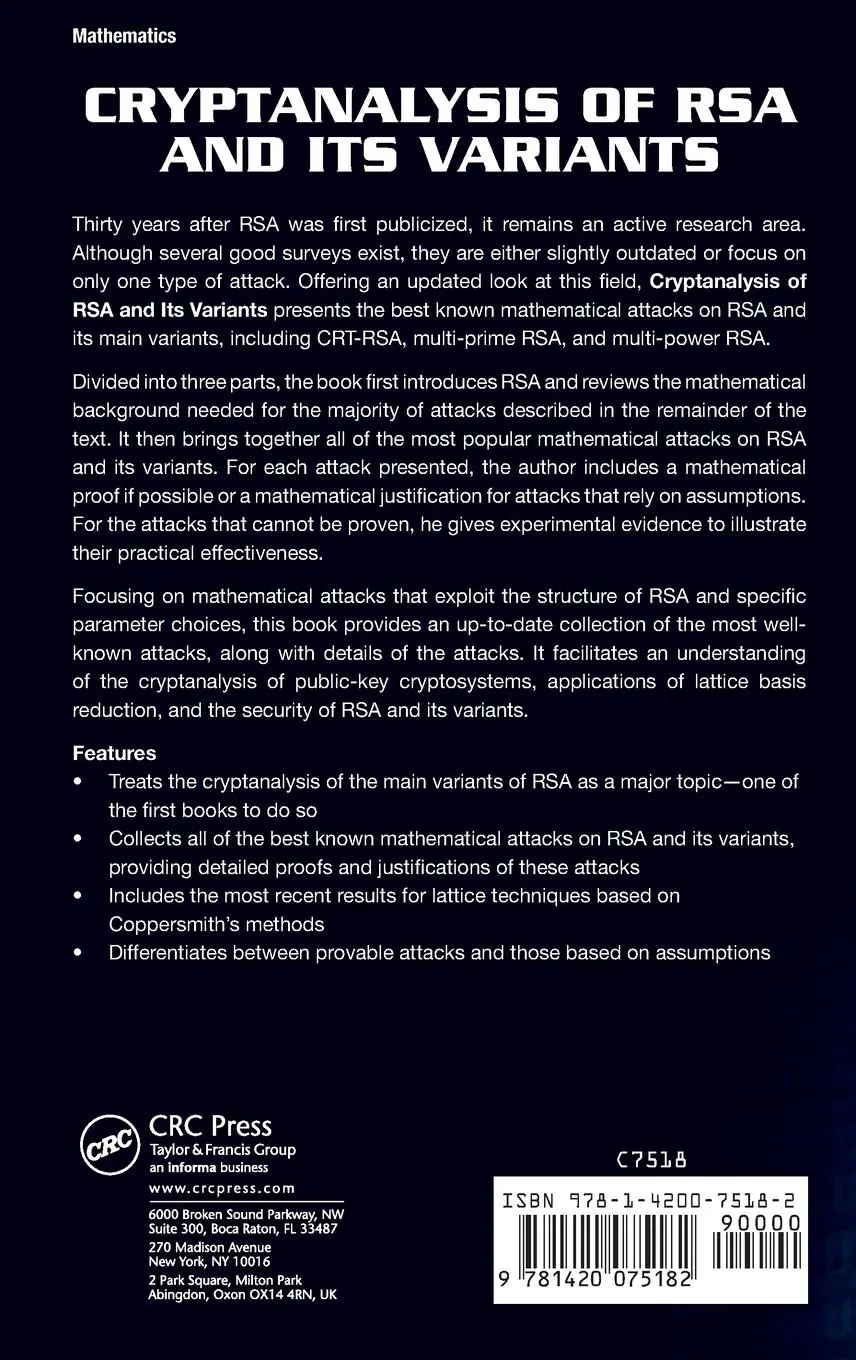 Rückseite: 9781420075182 | Cryptanalysis of RSA and Its Variants | M. Jason Hinek | Buch | 2009