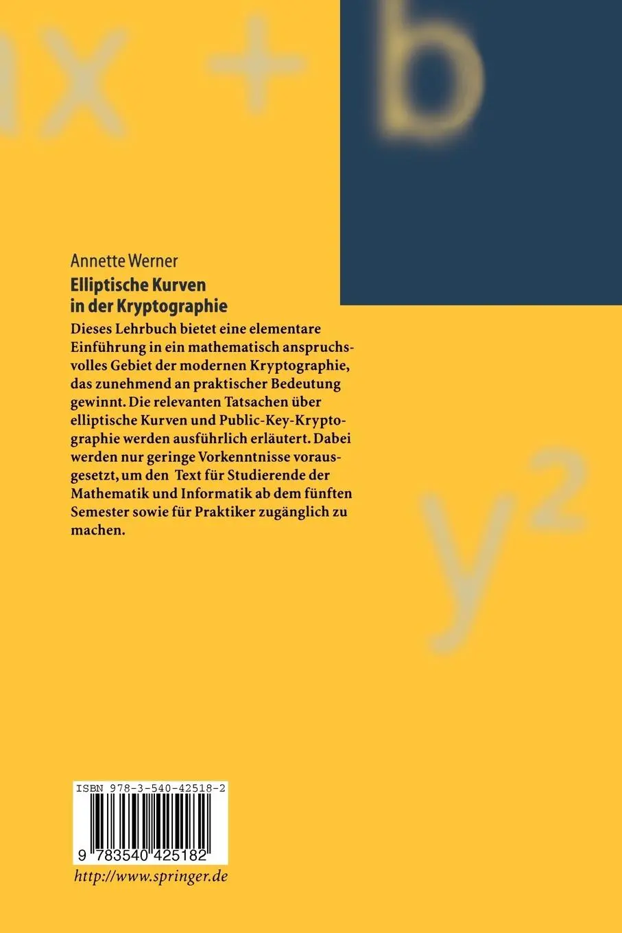 Rückseite: 9783540425182 | Elliptische Kurven in der Kryptographie | Annette Werner | Taschenbuch