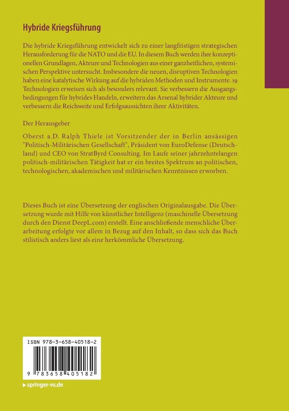 Rückseite: 9783658405182 | Hybride Kriegsführung | Zukunft und Technologien | Ralph Thiele | Buch