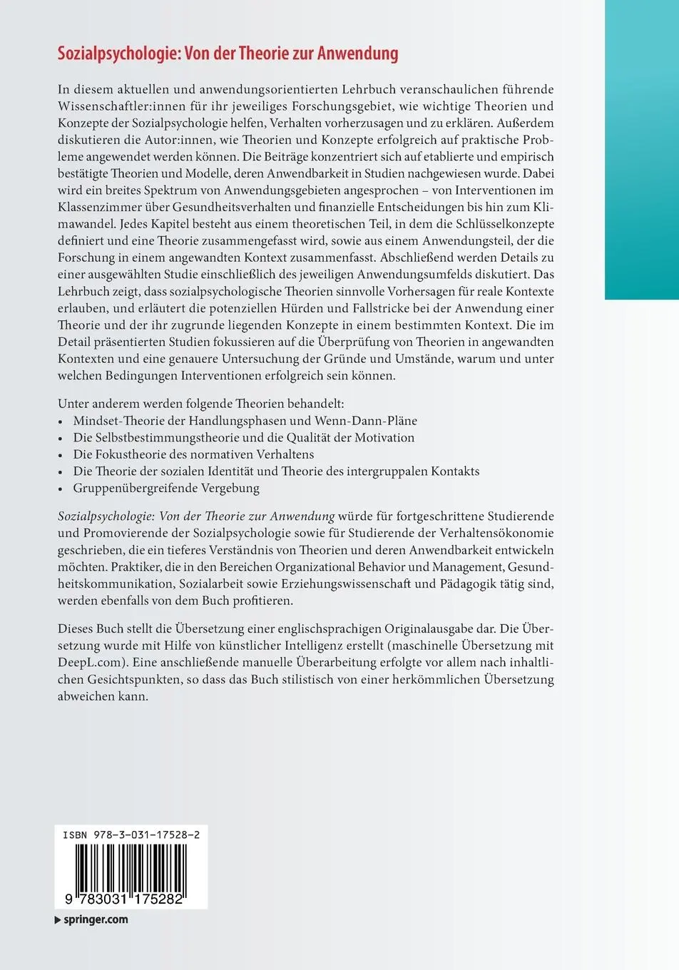 Rückseite: 9783031175282 | Sozialpsychologie: Von der Theorie zur Anwendung | Vliek (u. a.)