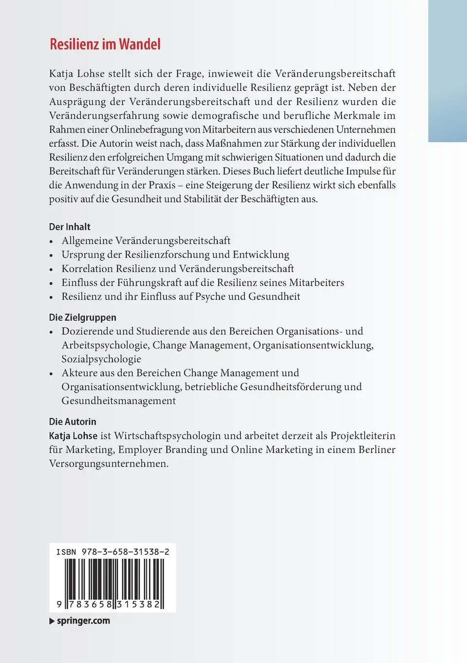 Rückseite: 9783658315382 | Resilienz im Wandel | Die Veränderungsbereitschaft von Mitarbeitern