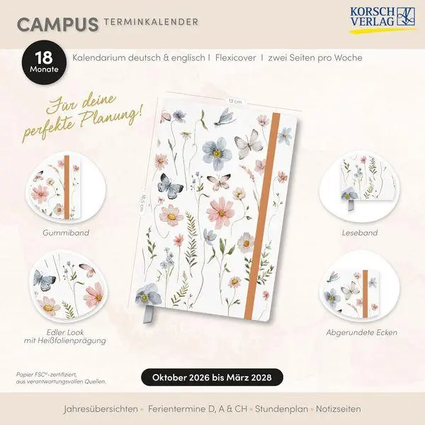 Bild: 9783819305382 | Terminkalender Campus Schmetterlinge 18 Monate 2027/2028 | Verlag