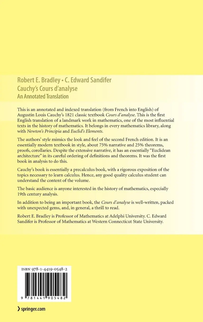 Rückseite: 9781441905482 | Cauchy's Cours d'analyse | An Annotated Translation | Sandifer (u. a.)